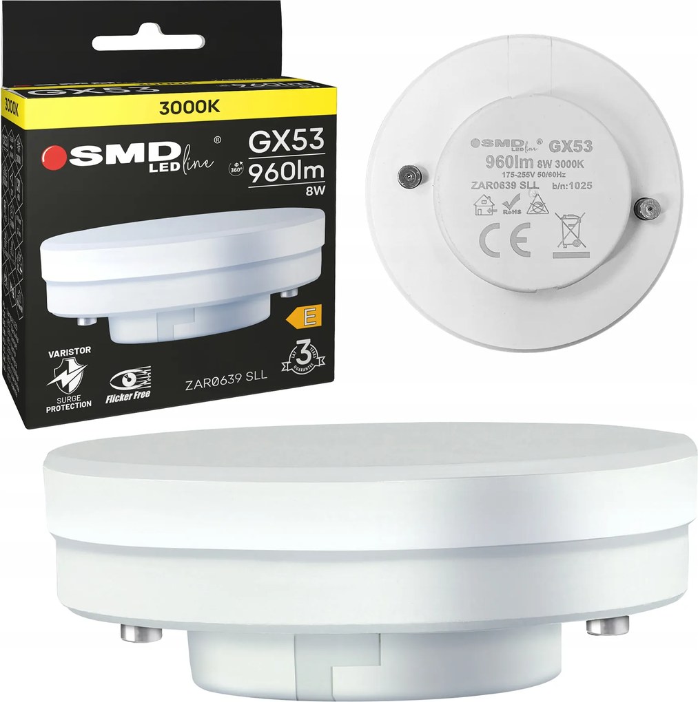 Led izzó GX53 8W 960lm Halogén Erős Energiatakarékos 3000K Nem villog