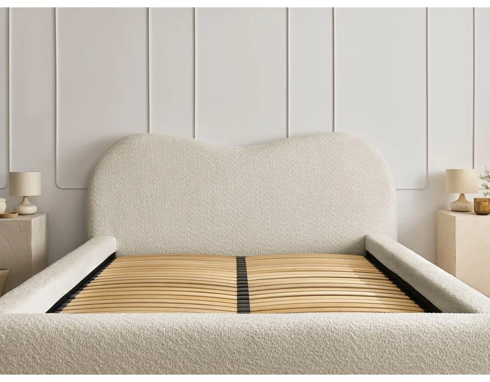 Bézs kárpitozott ágyneműtartós franciaágy ágyráccsal 140x190 cm Orlane – Bobochic Paris