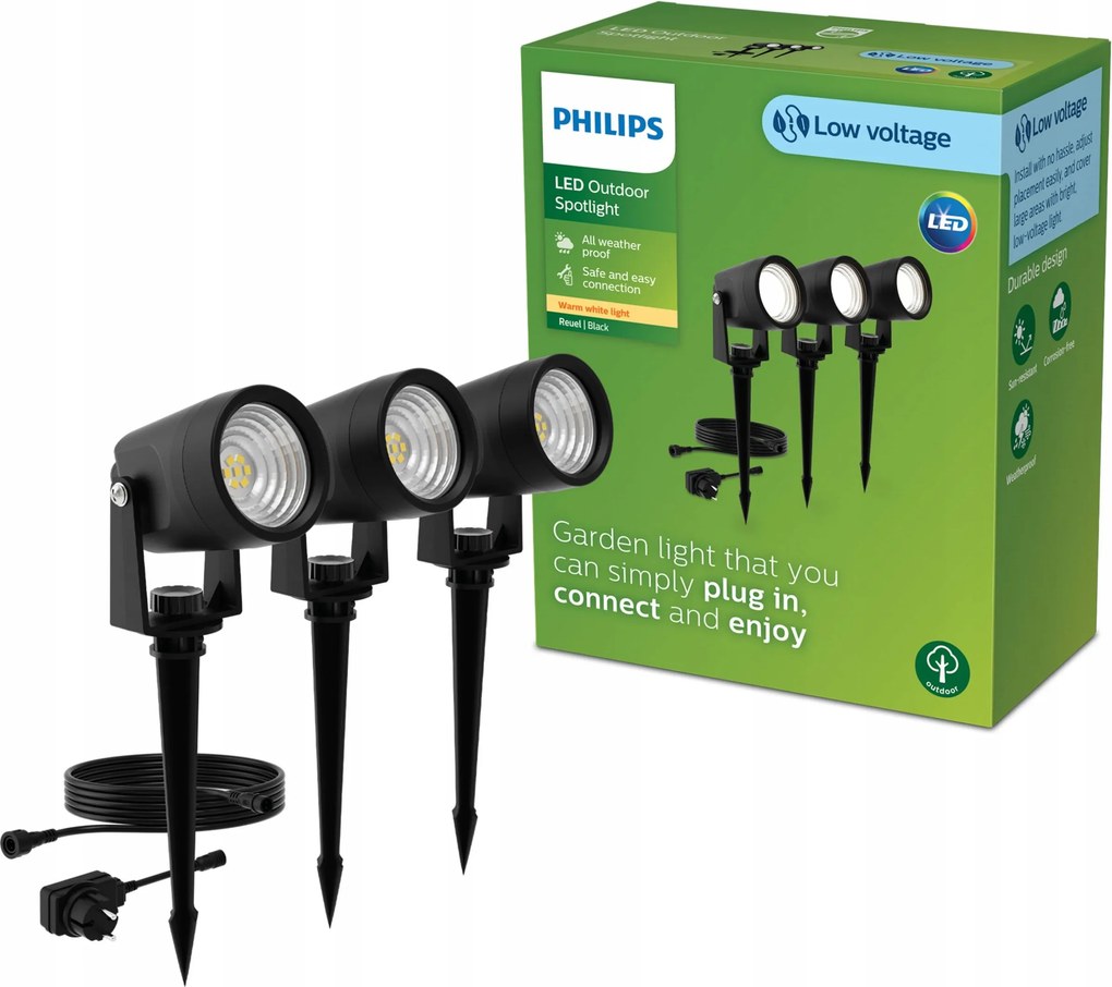 3x Kerti Lámpa Led Reflektor 1.5W 180lm 2700K Fekete Reuel Ultra Philips