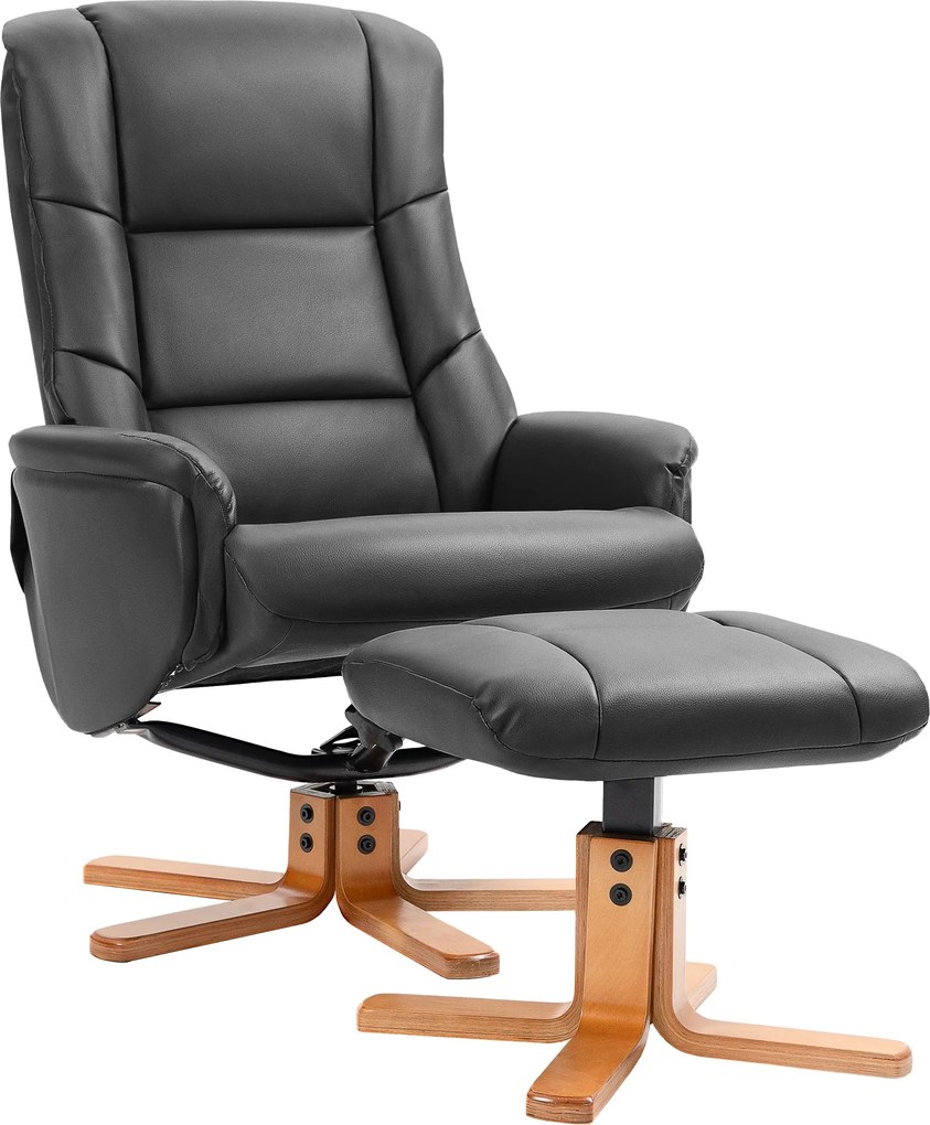 HOMCOM Fotel Lábpihentetővel, TV Fotel Hátfoglaltatással és Ringató Funkcióval, Fekete Műbőr, Fa Lábak | Aosom