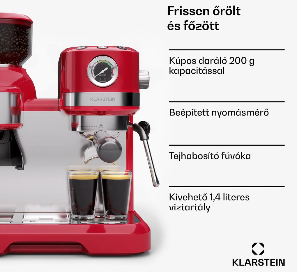 Klarstein Bella Café Karos kávéfőző, Vintage, daráló, 20 bar, Tejhabosító, Nyomásmérő, 1550 W