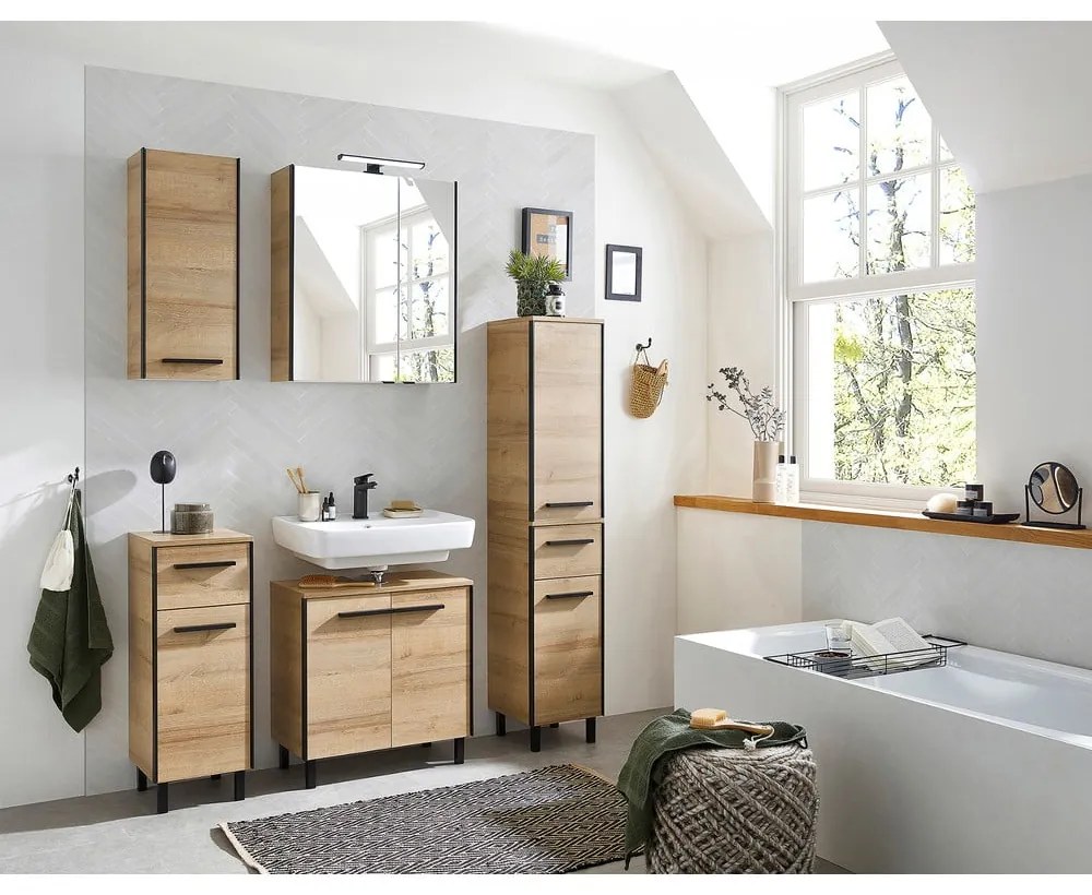 Natúr színű fali mosdó alatti szekrény tölgyfa dekorral 53x60 cm Quickset 395 – Pelipal