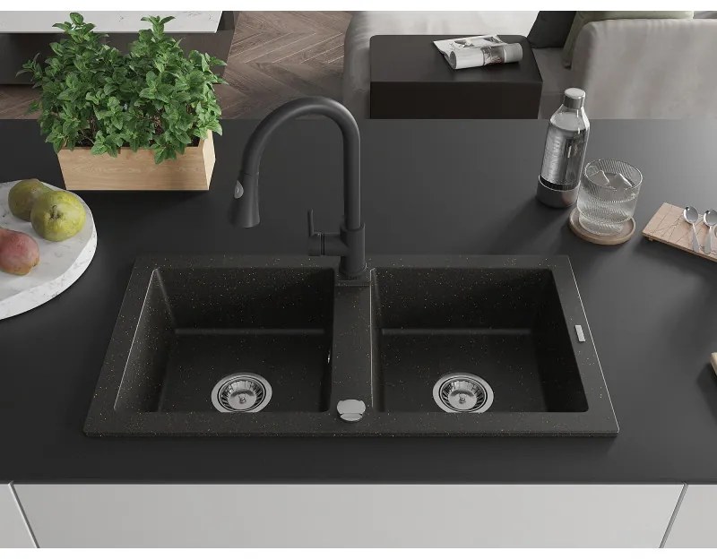 Mexen Mario, 2-kamrás gránit mosogató 820x436x161 mm és Elia mosogató csaptelep, fekete-arany metál, 6504-75-670101-70