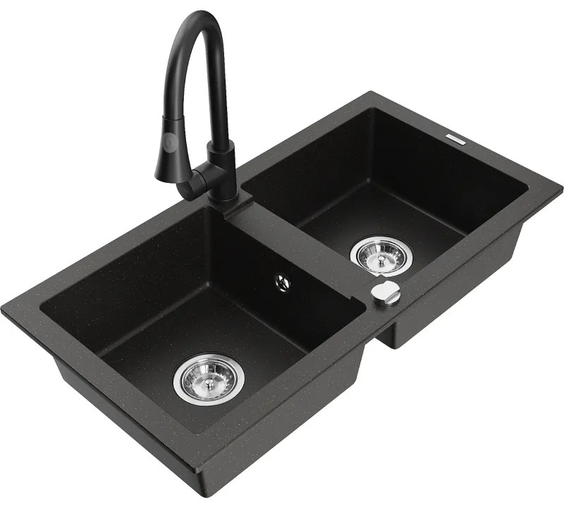 Mexen Mario, 2-kamrás gránit mosogató 820x436x161 mm és Elia mosogató csaptelep, fekete-arany metál, 6504-75-670101-70