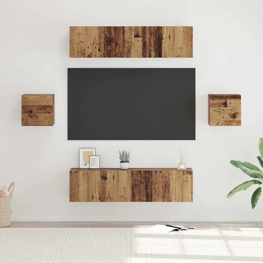 TV szekrény garnitúra Falra szerelhető 6 pcs Régi fa Faanyag