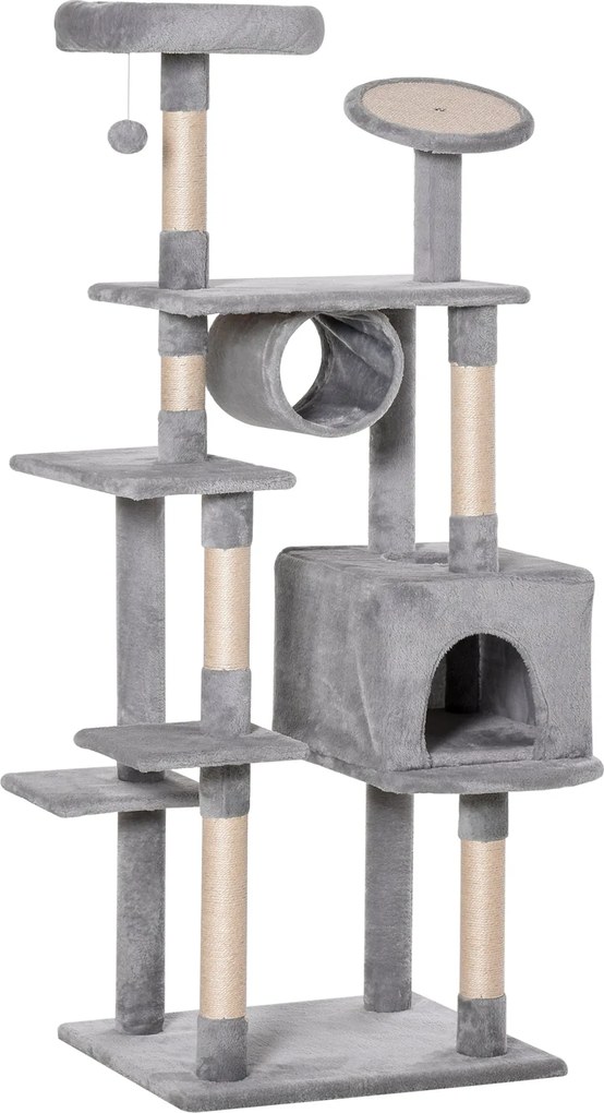 PawHut Oszlop Karcolófa 165cm Karcoló Felülettel és Ülepítőkkel Kiscicák és Felnőtt Macskák Részére 4,5kg-ig, Szürke, 60x50x165cm | Aosom