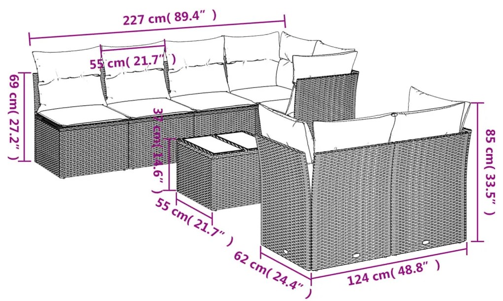 vidaXL 8 részes bézs polyrattan kerti ülőgarnitúra párnával