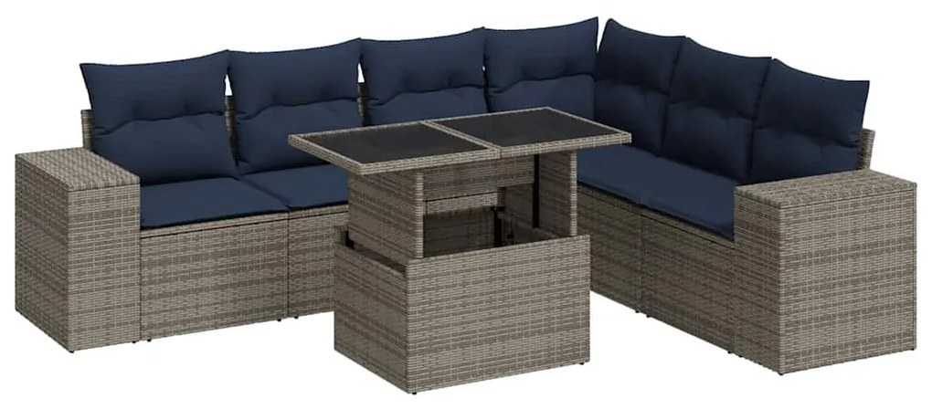 14 részes szürke polyrattan akácfa kerti ülőgarnitúra párnákkal