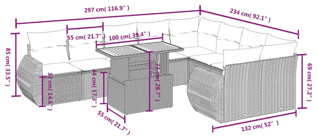 10 részes fekete polyrattan kerti ülőgarnitúra párnákkal