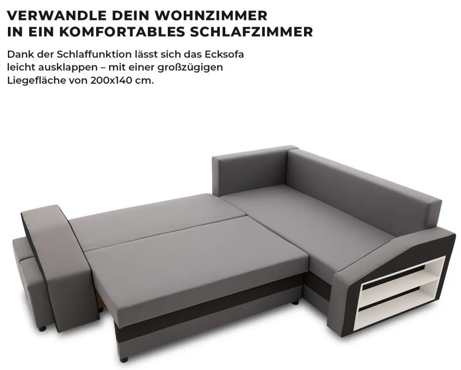 Grande sarokkanapé polcokkal és puffokkal , polc a jobb karfaban puffok a bal karfaban, jobboldali, szövet anyag, bonell töltet, szürke - fekete