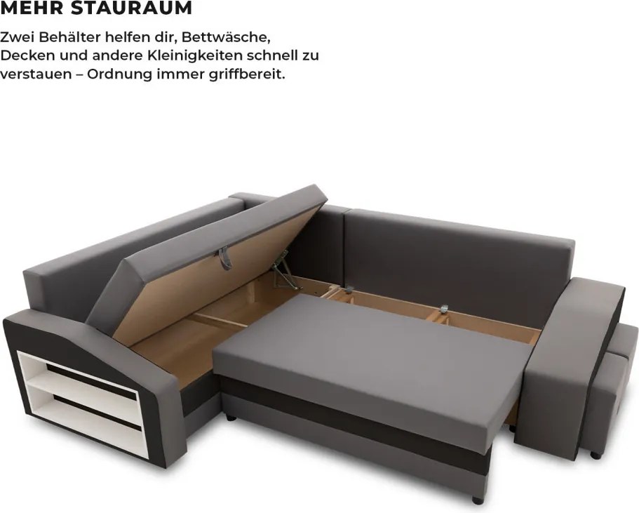 Grande sarokkanapé polcokkal és puffokkal , polc a bal karfaban puffok a jobb karfaban, baloldali, szövet anyag, hab töltet, szürke - fekete