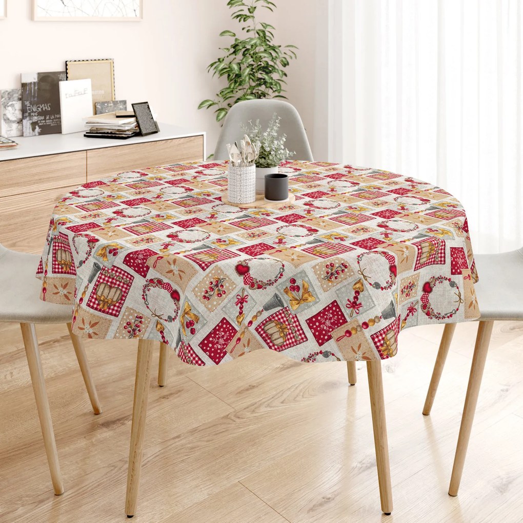 Goldea karácsonyi asztalterítő loneta - karácsonyi díszek - patchwork - kör alakú Ø 60 cm