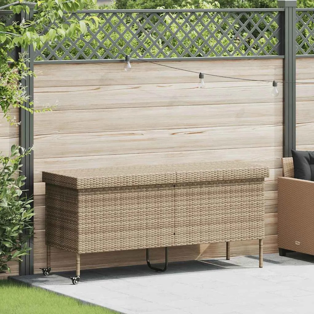 Bézs Polyrattan Kerti Tárolóláda Kerekekkel 160X55X75 Cm
