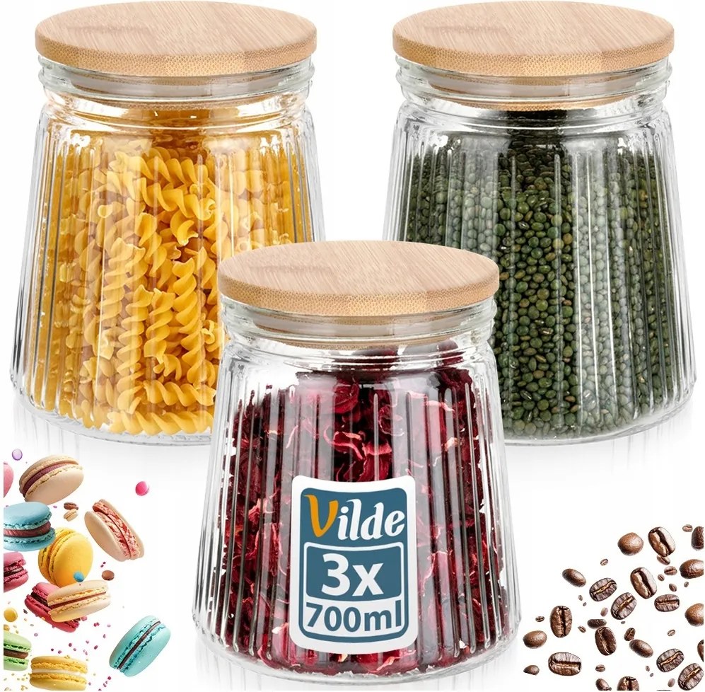 3x Bambusz Üveg konyhai ételtároló tartály ömlesztett termékek 0,7L