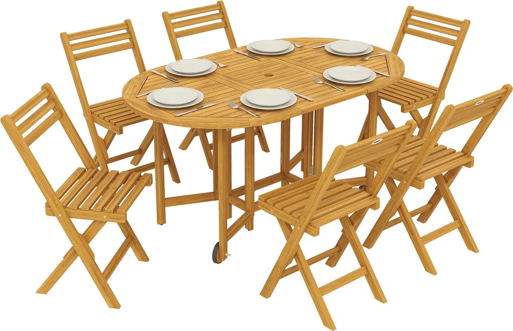 Outsunny 7 részes FSC akác kerti étkezőgarnitúra — kihúzható asztal és 6 összecsukható szék, időjárásálló, natúr kivitel, ernyőlyukkal | Aosom
