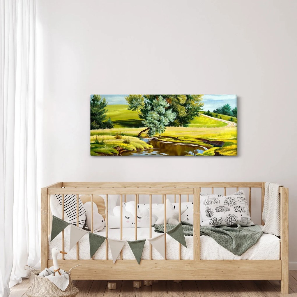 Kép - folyó a rétek között,, olajfestmény (120x50 cm)