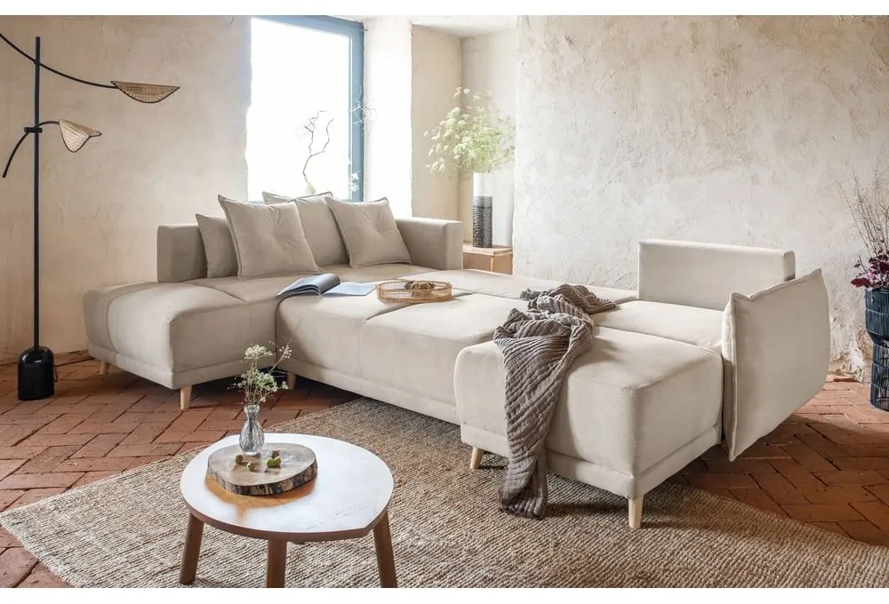Bézs kordbársony kinyitható sarokkanapé (bal oldali-U alakú) Lazy Lukka – Miuform