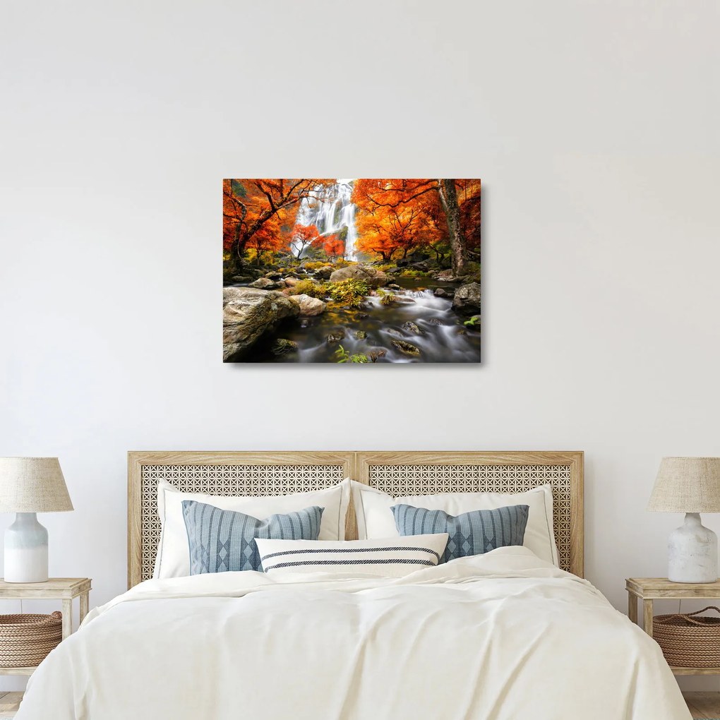 Üveg kép - Vízesések őszi tájban, narancssárga (70x50 cm)