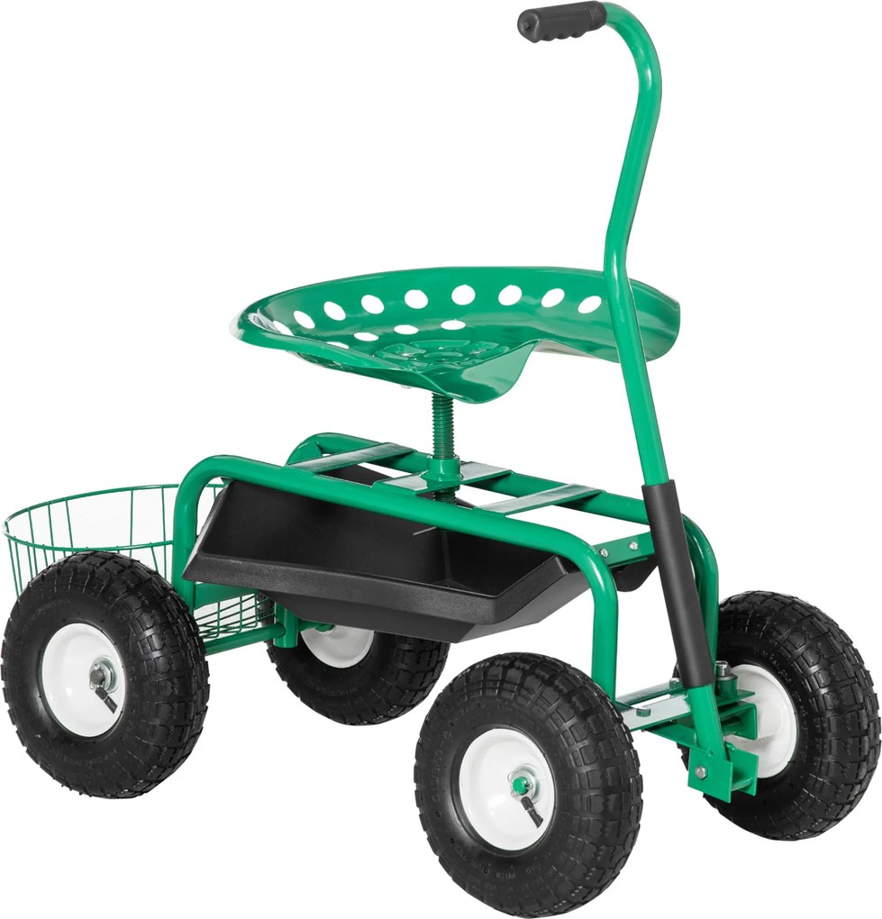 Outsunny Forgatható Kerti Kocsi Magasságban Állítható Üléssel, Kerekekkel, Fogantyúval, Mobil Kerti Szék, Forgatható Munkaszék, Kerti Sztó 150 kg-ig,
