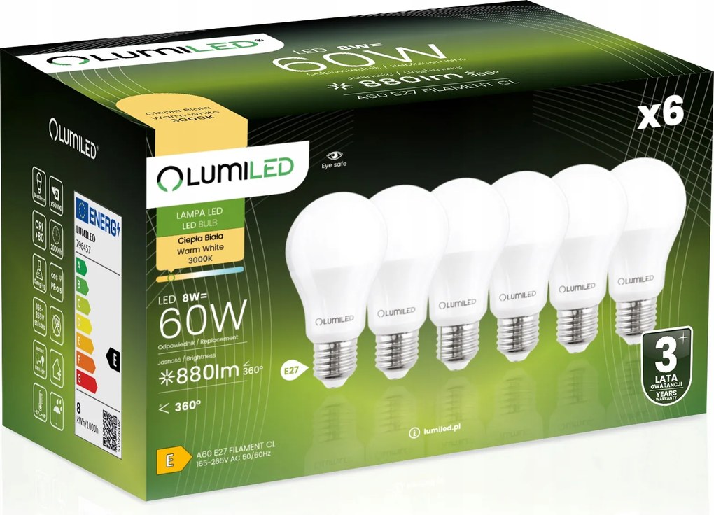 6x Led izzó E27 8W 60W 880lm 3000K Meleg Fehér Prémium EMC2 Nem Villog