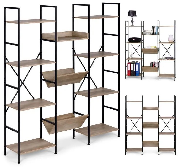 KÉSZLETKISÖPRÉS! Intenso Home nyitott könyvespolc rendszer / virágállvány 126 x 150cm, modern tölgy szín | Univerzális tároló állvány fém lábakkal