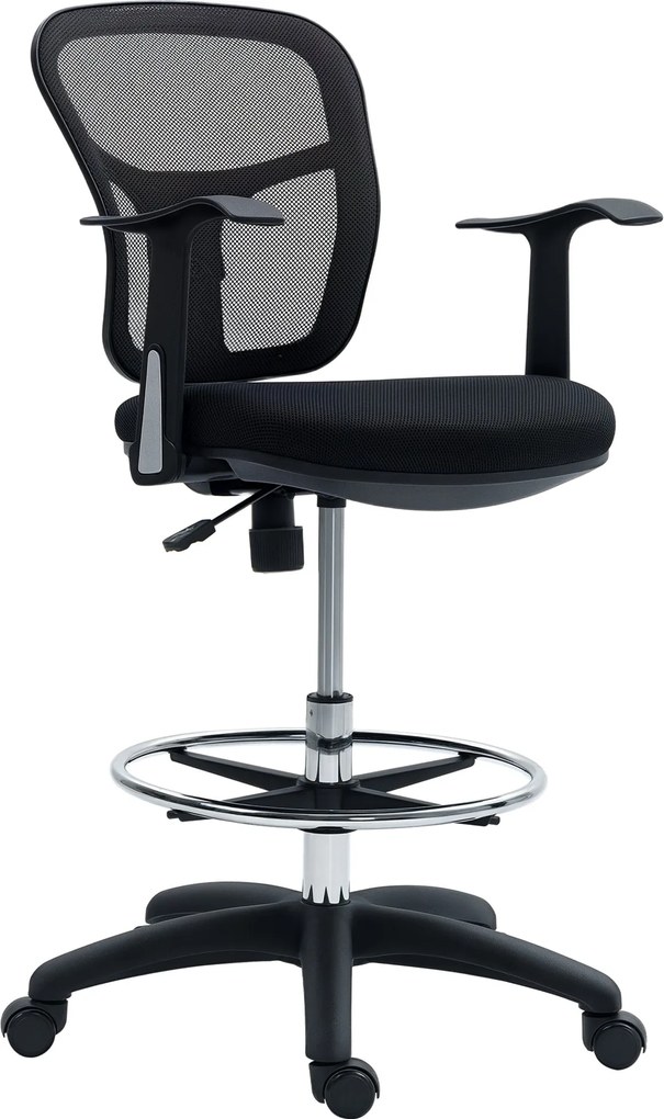 HOMCOM Forgós Irodai Szék Lábpihenő Gyűrűvel és Ívelt Háttal, Ergonomikus Poliészter, Hab és Műanyag Szék, Magasság Állítható, 55x58x94 cm, Fekete | A