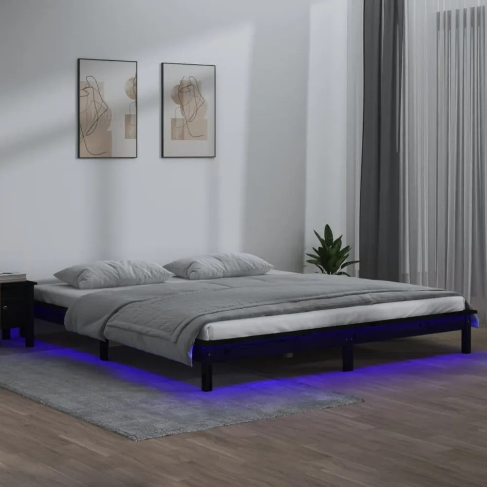 fekete tömör fa ágykeret LED-világítással 140x190 cm
