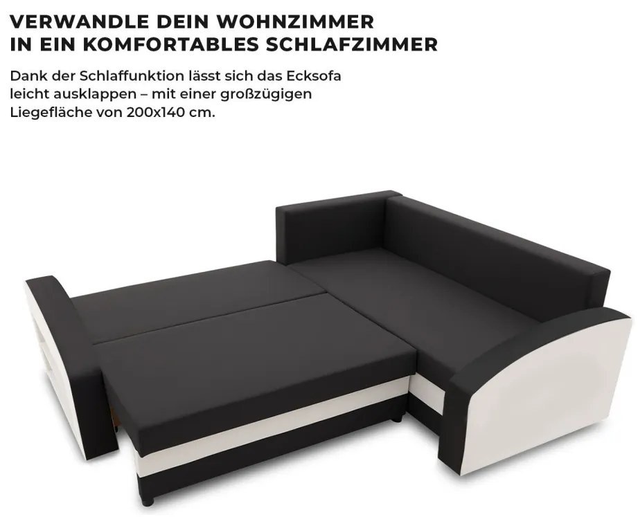 Grande sarokkanapé polcokkal , polc a bal karfaban, jobboldali, szövet anyag, hab töltet, fekete - fehér