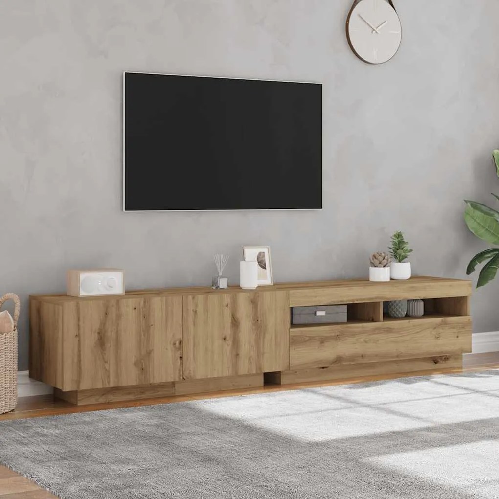 kézműves tölgy szerelt fa TV-szekrény LED-ekkel 200x35x40 cm