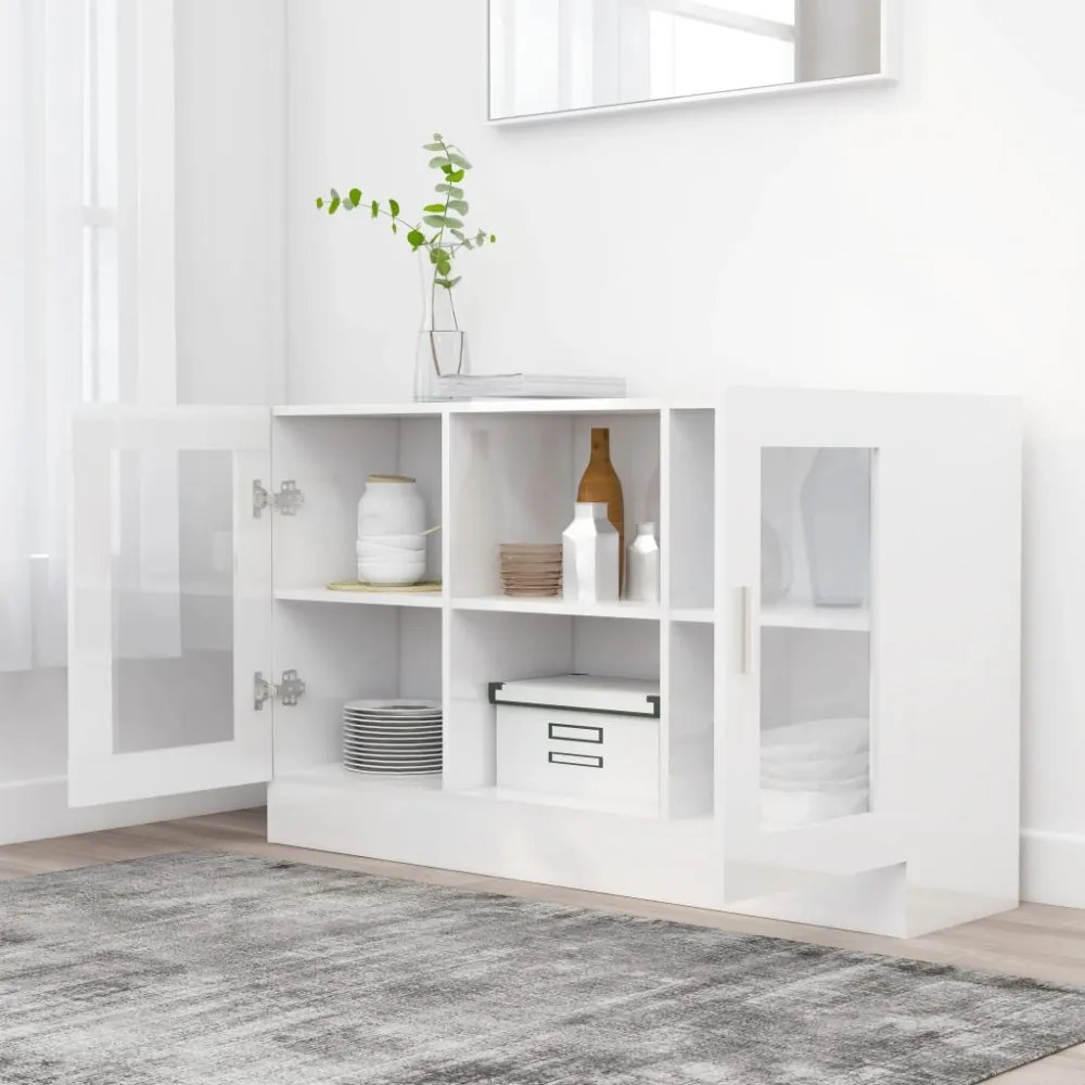 magasfényű fehér szerelt fa vitrinszekrény 120 x 30,5 x 70 cm
