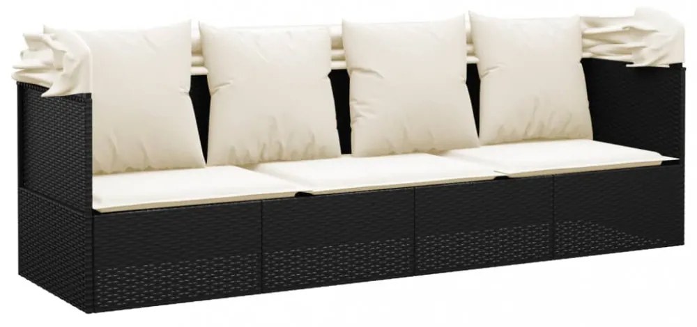 fekete polyrattan kültéri társalgókanapé tetővel és párnákkal