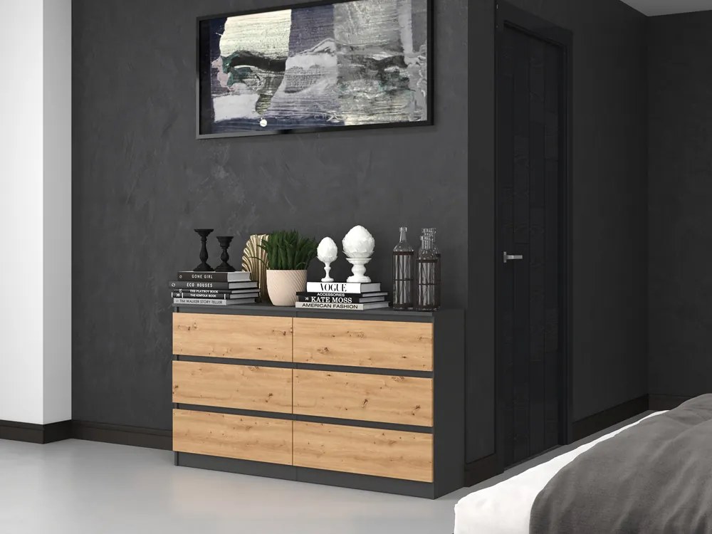 Riano MIX M6 140 2x3 fiókos szekrény, 138x75x40 cm, antracit-tölgy