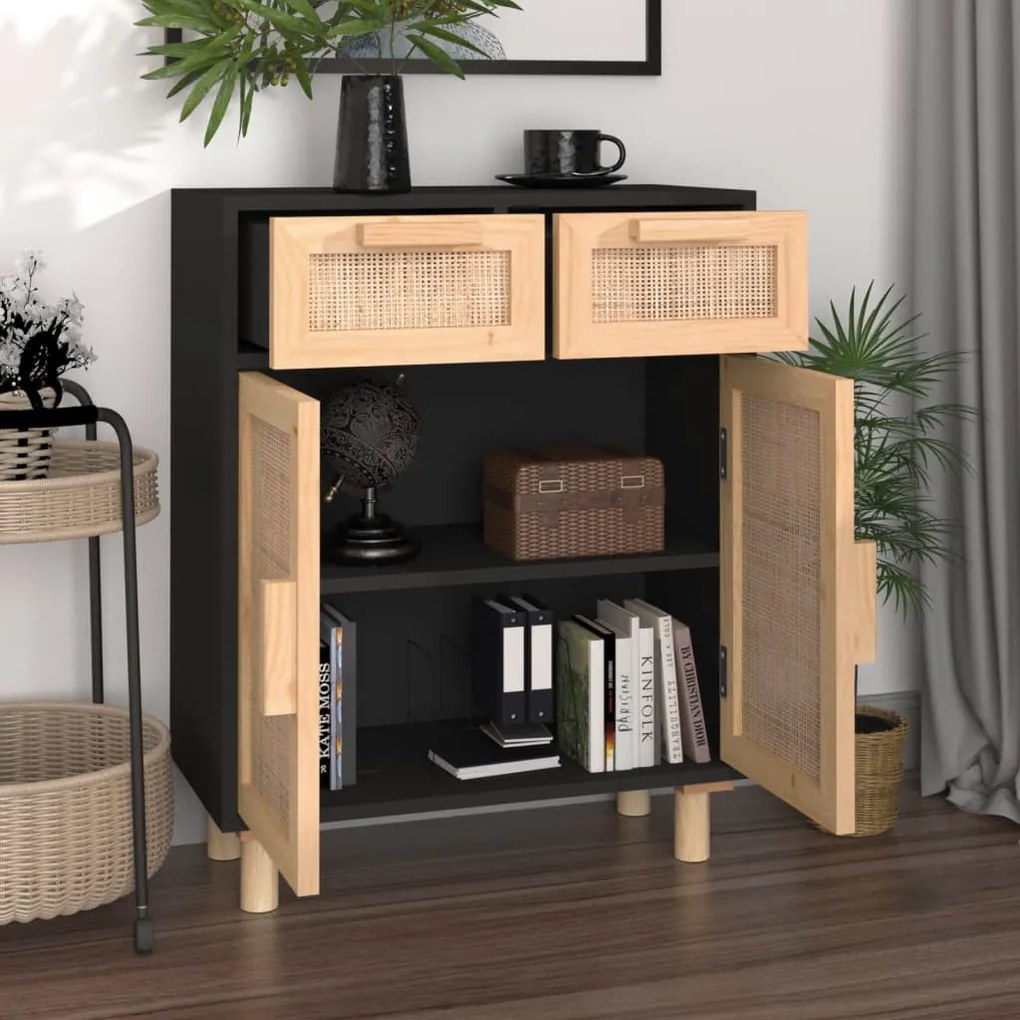 fekete tömör fenyő/természetes rattan tálalószekrény 60x30x75cm