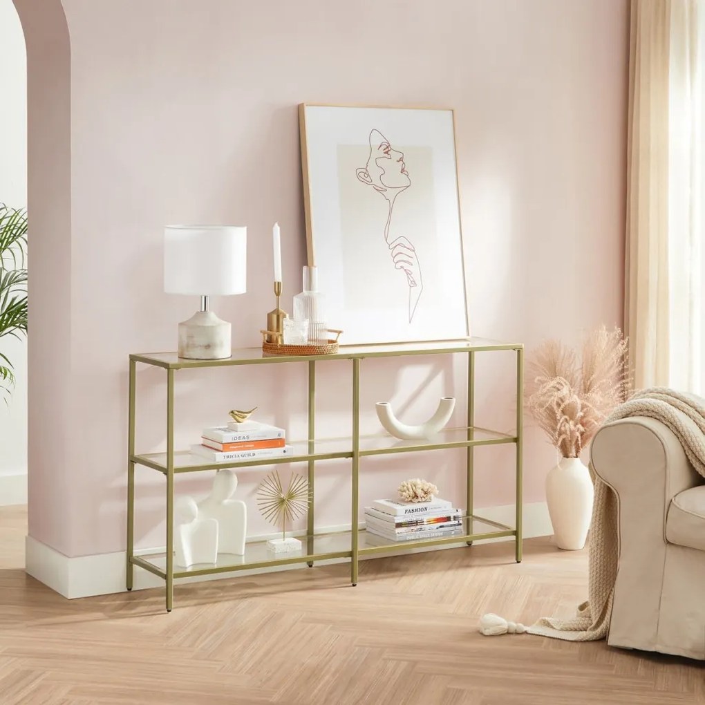 Konzolasztal polcokkal edzett üveglappal, arany 130x30x73cm