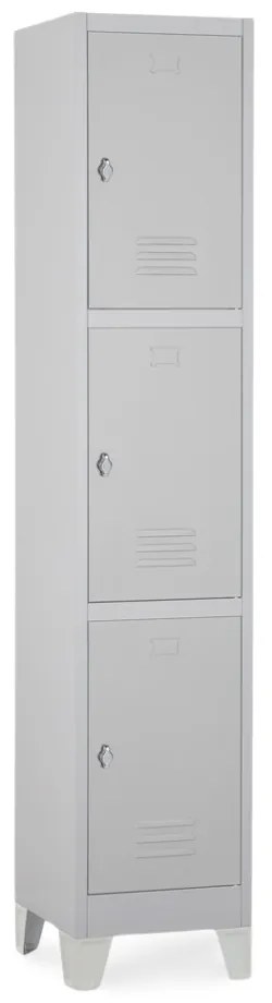 Fém szekrény - 3 doboz, 38 x 45 x 195 cm, fix lábakkal, lakathoz zár, világos szürke - ral 7035