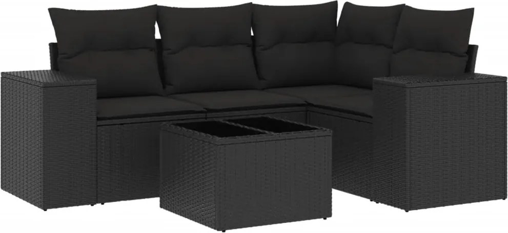 vidaXL 5 részes fekete polyrattan kerti kanapészett párnákkal