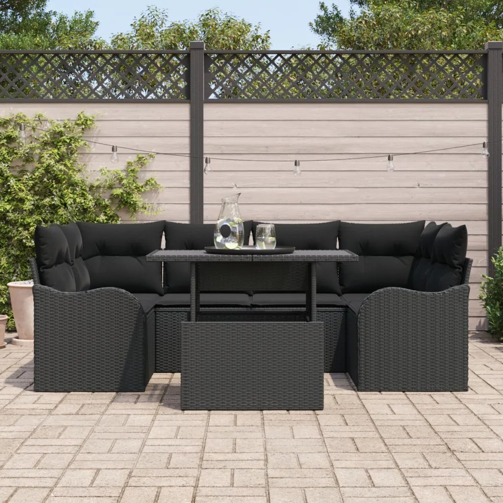 7 részes kerti kanapészett párnákkal, fekete poli rattan, 2 fős kerti kanapé párnákkal, fekete poli rattan