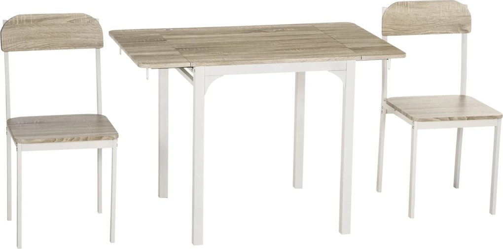 HOMCOM 3 részes étkezőszett 2 székkel és 1 asztallal - Összecsukható asztallap a konyha kis helyeire - Acél MDF Természetes Fehér 110 x 70 x 75 cm | A