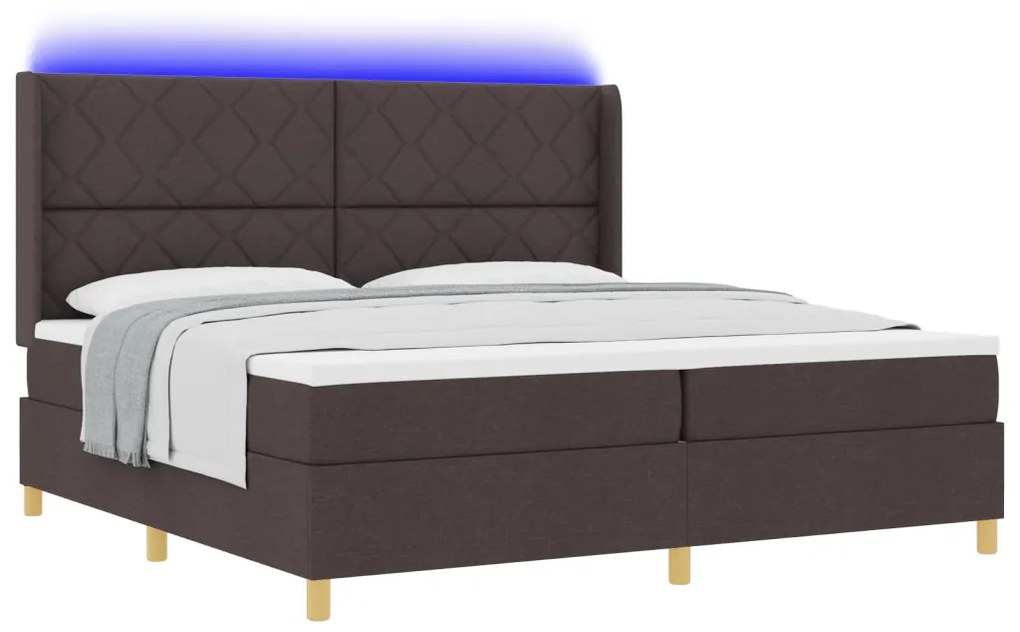 Boxspring Ágy Matrac & LED Sötétbarna 200x200 cm Szövet