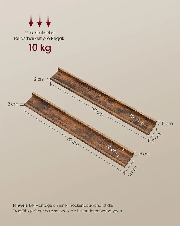 VASAGLE 2 részes falipolc szett peremmel, 80 cm, rusztikus barna