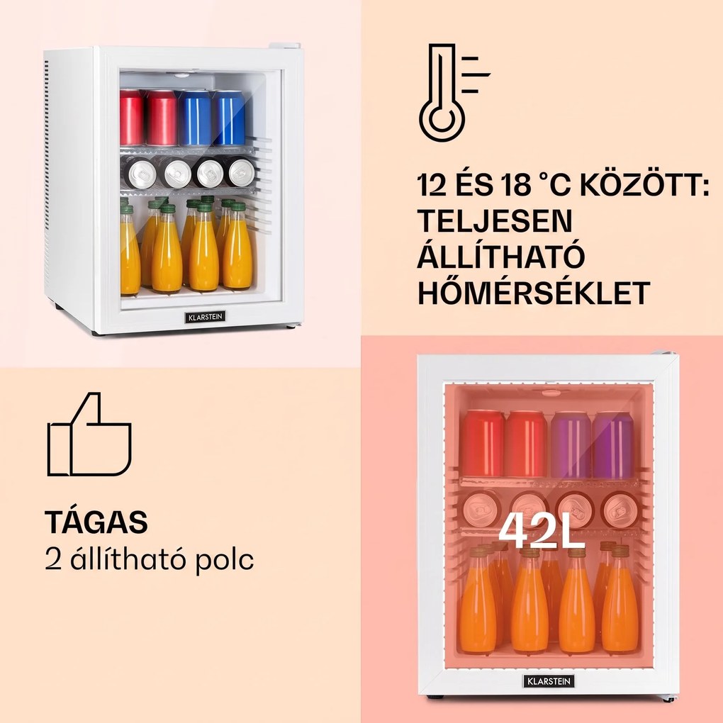 Klarstein Brooklyn 42, mini hűtőszekrény, üvegajtó, LED világítás, polcok