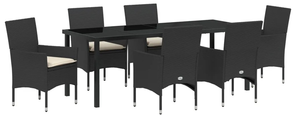 7 részes kerti étkező szett párnákkal fekete polirattannal, Kerti asztal fekete 200x80x73 cm edzett üveggel
