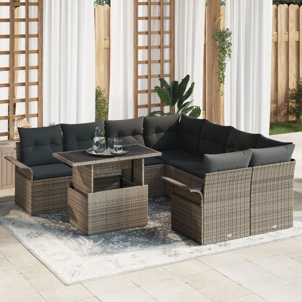 9 darabos kertibútor szett párnákkal, szürke poly rattan, 2 személyes kertibútor tárolóval és párnákkal, szürke poly rattan