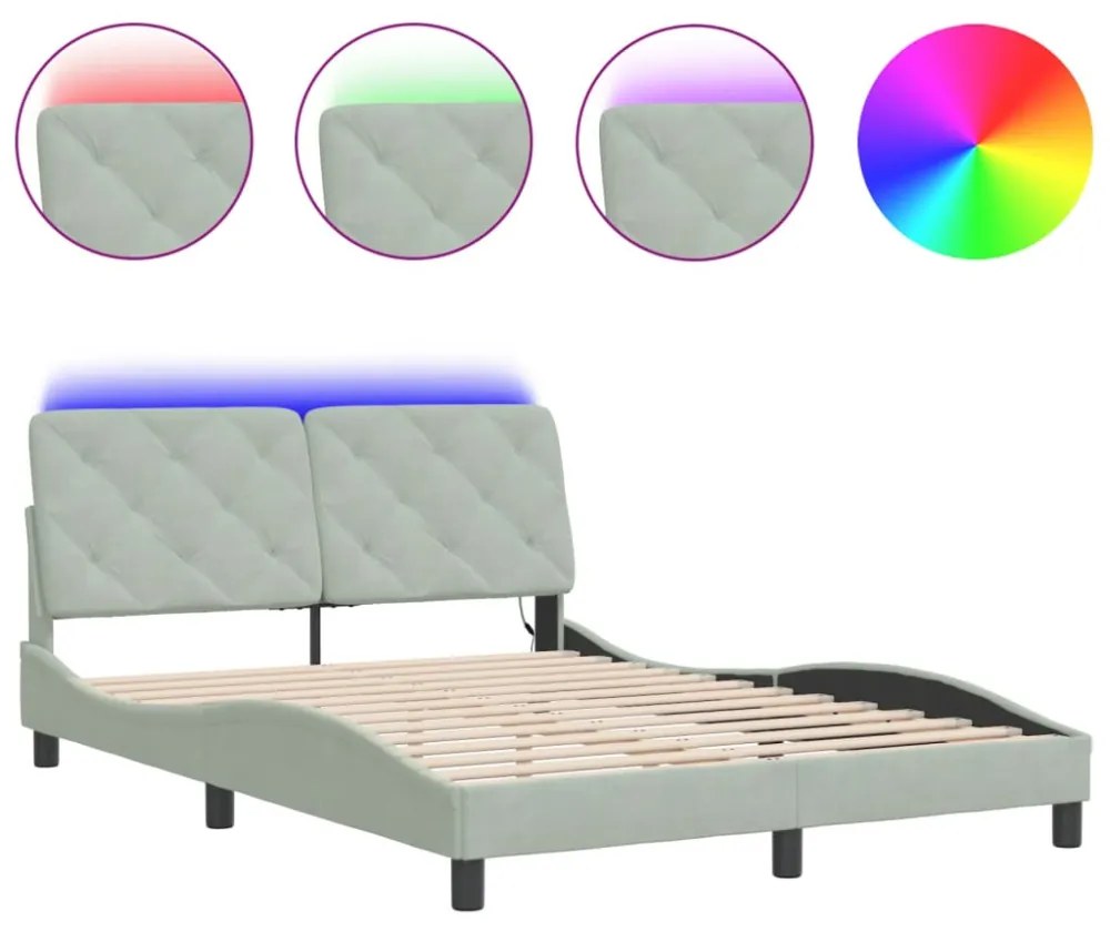 világosszürke bársony ágykeret LED-ekkel matrac nélkül 140 x 200 cm
