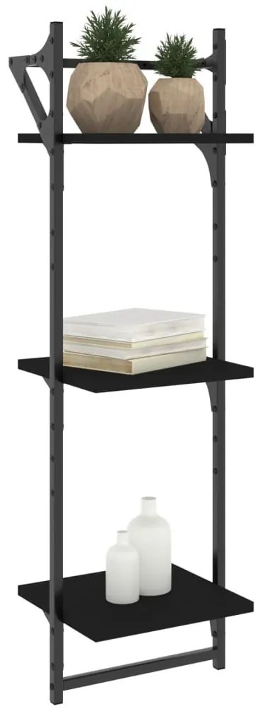 2 db 3 szintes fekete falipolc rúddal 30x25x100 cm