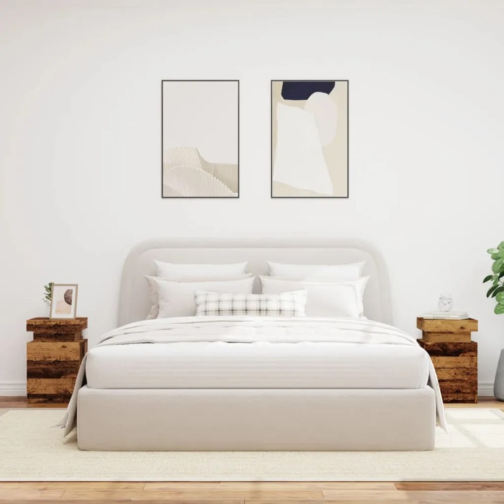 2 db antik fa színű szerelt fa LED-es éjjeliszekrény 35x39x55cm