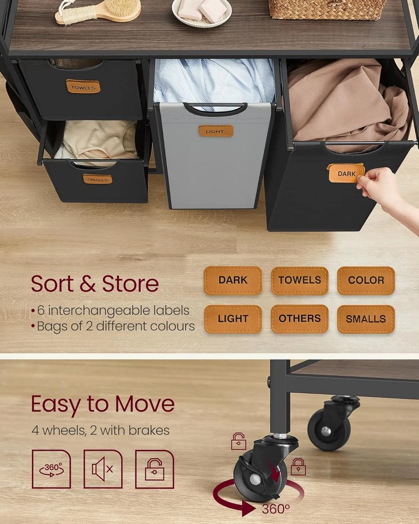 Szennyeskosár 4 rekesszel, 150 l-es ruhaválogató, fekete-szürke