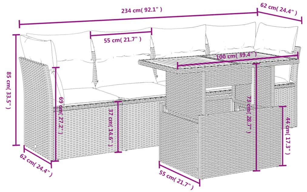 5 részes fekete polyrattan kerti kanapészett párnákkal