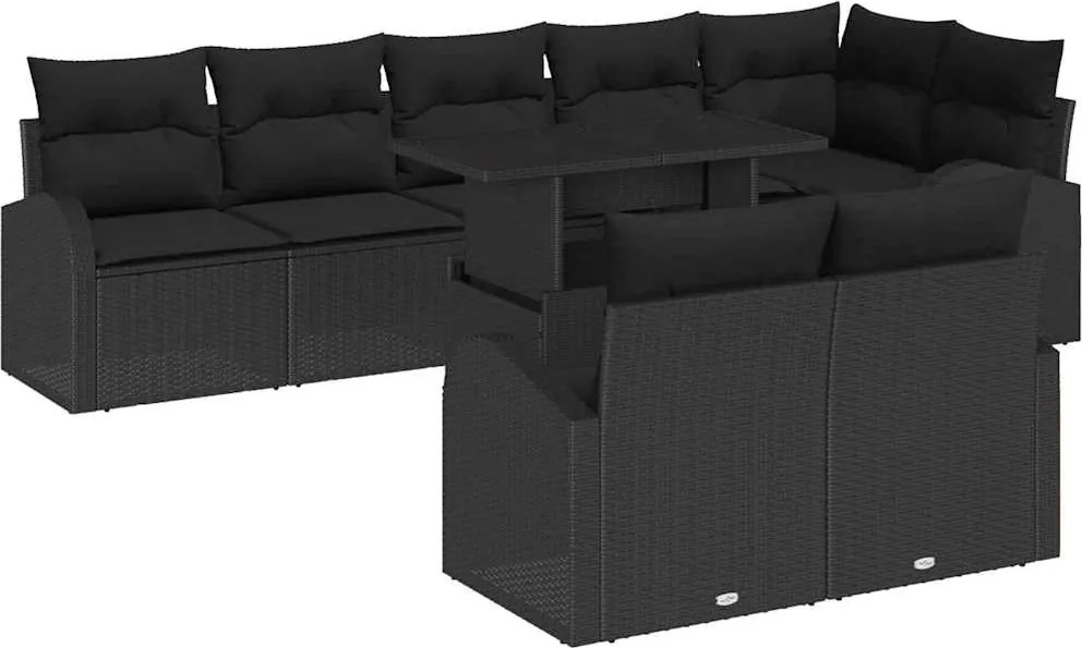 vidaXL Kerti Kanapé Szett párnával tárolóval 9 pcs Fekete Poli rattan
