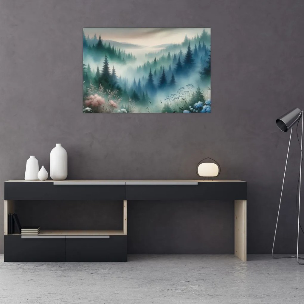 Kép - Erdős táj köddel (90x60 cm)